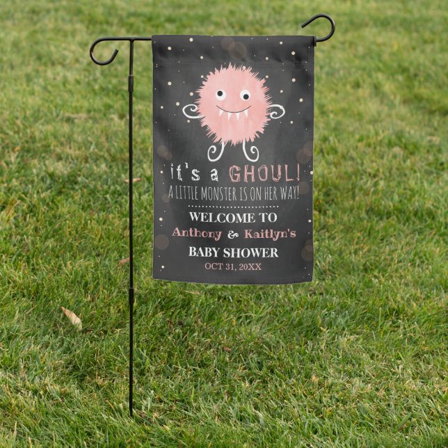 It's A Ghoul! Little Monster Halloween Baby Shower Garden Flag (In SItu)
