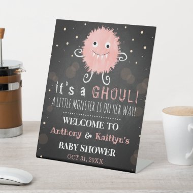It's A Ghoul! Little Monster Halloween Baby Shower Pedestal Sign