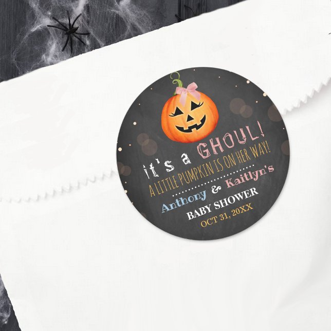 It's A Ghoul! Little Pumpkin Halloween Baby Shower Classic Round Sticker (Creator Uploaded)