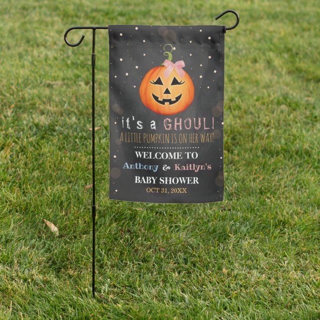 It's A Ghoul! Little Pumpkin Halloween Baby Shower Garden Flag (In SItu)