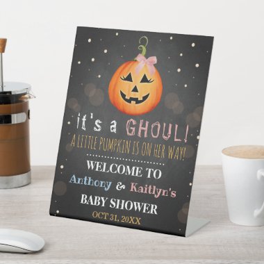 It's A Ghoul! Little Pumpkin Halloween Baby Shower Pedestal Sign