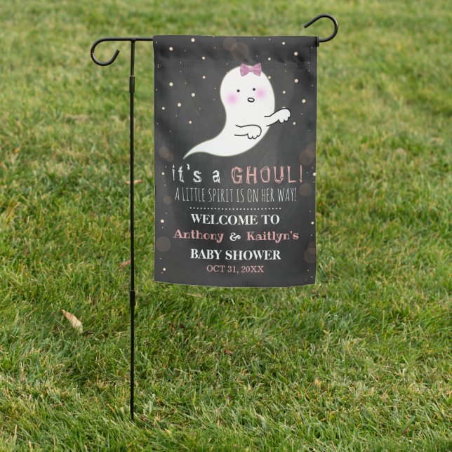 It's A Ghoul! Little Spirit Halloween Baby Shower Garden Flag (In SItu)