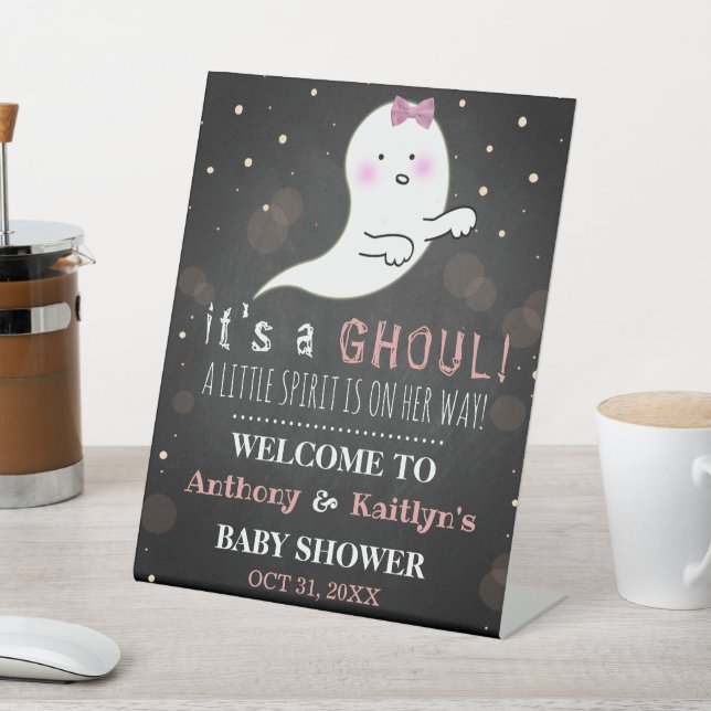 It's A Ghoul! Little Spirit Halloween Baby Shower Pedestal Sign (In SItu)