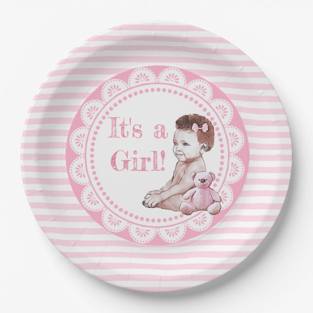 It's a Girl African American Baby Shower Paper Plates (Front)