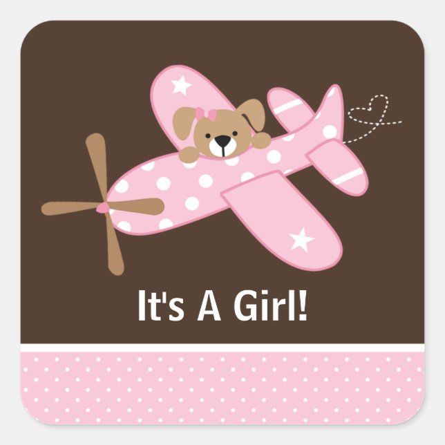 It's A Girl Airplane Baby Birth Announcement Square Sticker (Front)