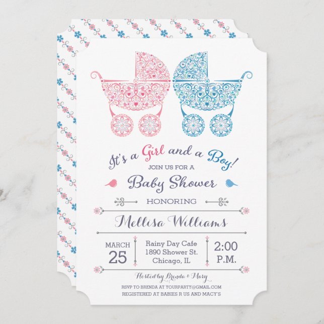 It's a Girl and a Boy! Twins Baby Shower Invite (Front/Back)