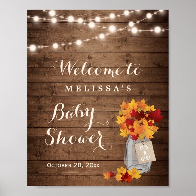Its A Girl Autumn Leaves String Lights Baby Shower Poster
