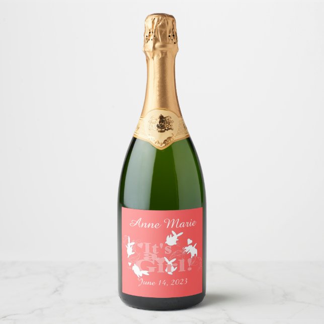 It's A Girl! Baby Announcement Bunnies Wine Label (Front)