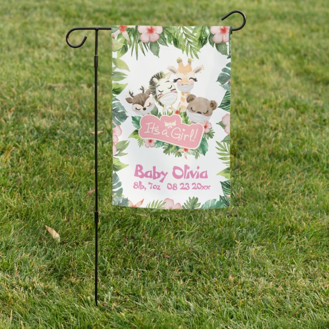 It's a Girl Baby Announcement Cute Safari Garden Flag (In SItu)