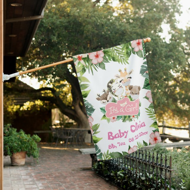 It's a Girl Baby Announcement Cute Safari  House Flag (In SItu)