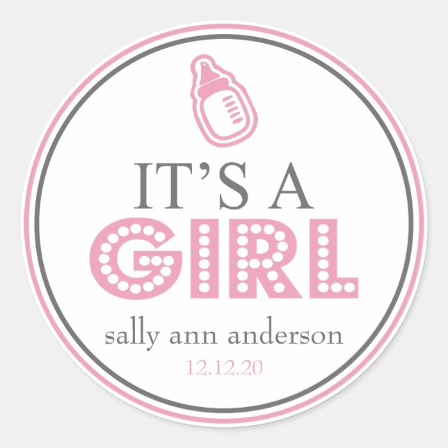It's A Girl Baby Bottle Favor Sticker (Pink/Gray) (Front)