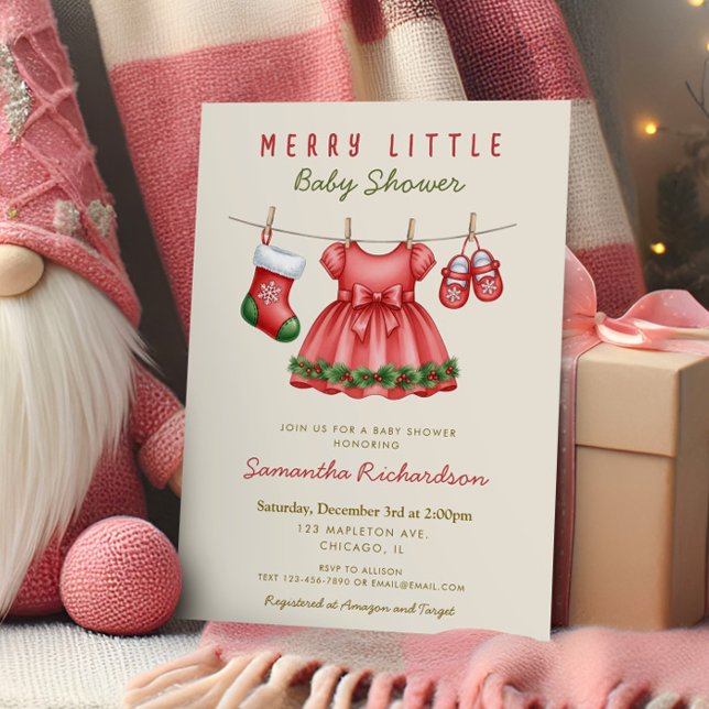 It's a Girl baby clothes Merry Little Christmas Invitation (Creator Uploaded)