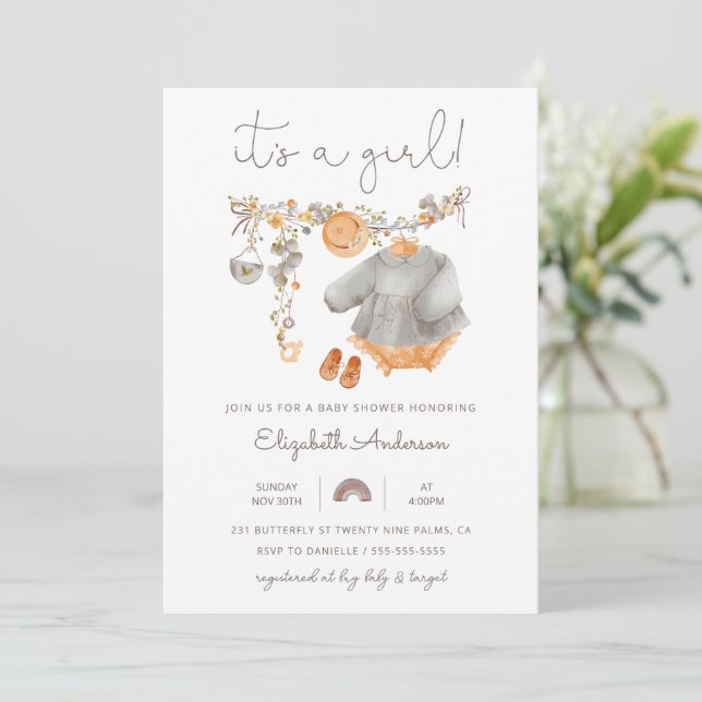 It's a Girl Baby Clothes Shower Invitation (Standing Front)