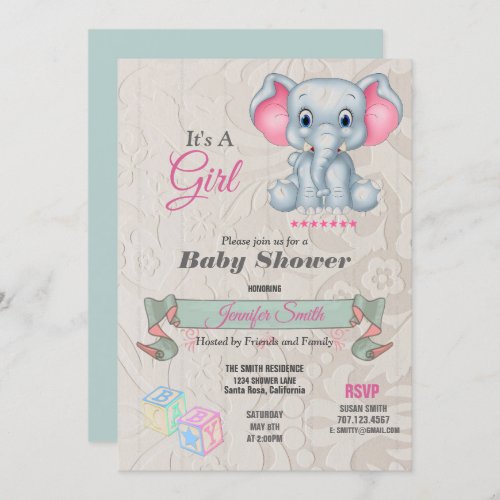 Its a Girl Baby Elephant Baby Shower Invitation