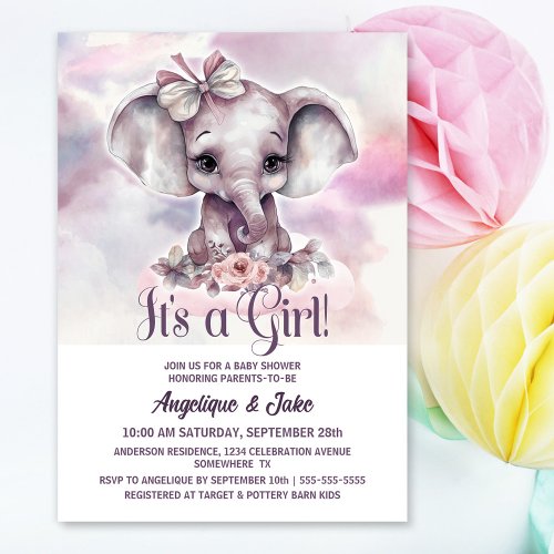 Its a Girl Baby Elephant Girl Baby Shower Invitation