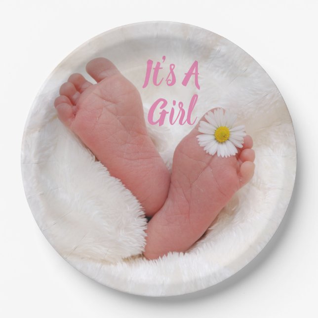 It's A Girl Baby Feet with Daisy  Paper Plates (Front)