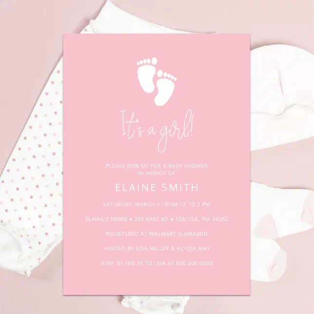 Its a Girl Baby Footprint Cute Pink Baby Shower Invitation | Zazzle