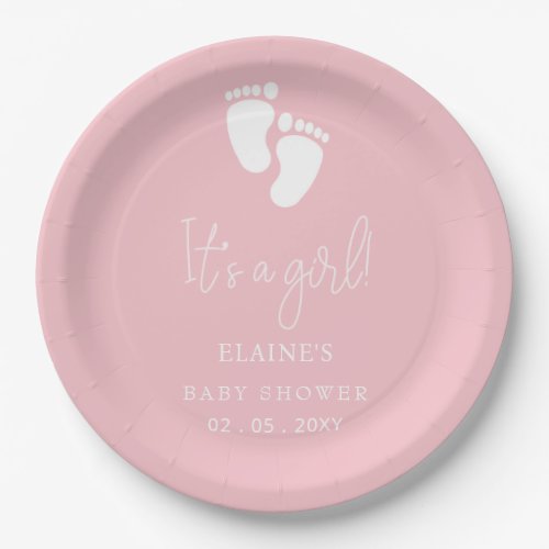 Its a Girl Baby Footprint Cute Pink Baby Shower Paper Plates