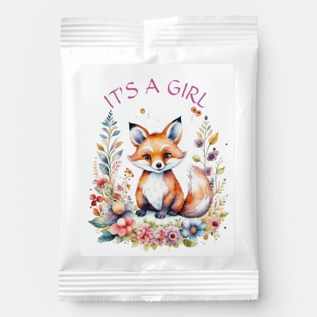 It's a Girl | Baby Fox and Flowers Baby Shower Hot Chocolate Drink Mix (Front)
