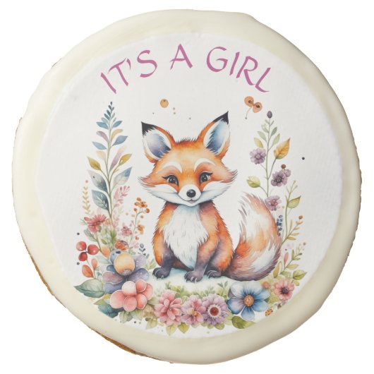 It's a Girl | Baby Fox and Flowers Baby Shower Sugar Cookie (Front)