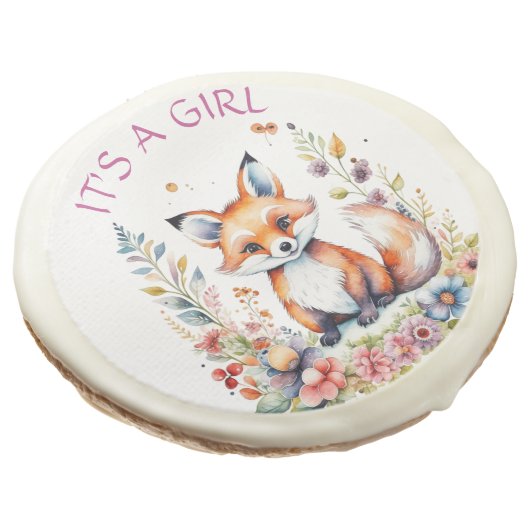 It's a Girl | Baby Fox and Flowers Baby Shower Sugar Cookie (Angled)
