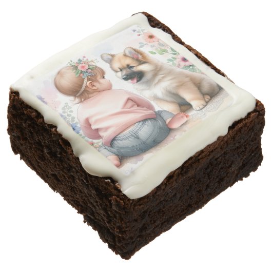 It's a Girl | Baby Girl and Puppy Pink Baby Shower Brownie (Angled)
