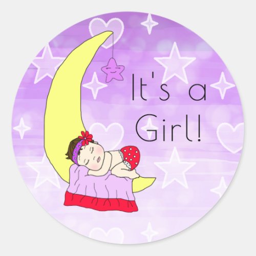 Its a Girl  Baby Girl on Moon Purple Brunette Classic Round Sticker