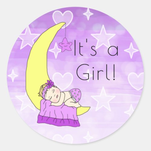 Its a Girl  Baby Girl on Moon Purple Classic Round Sticker