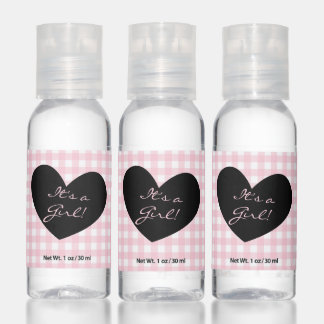 It's a Girl Baby Pink Gingham with Heart Icon Hand Sanitizer
