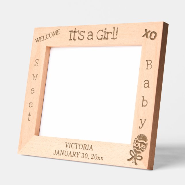 It's a Girl Baby Rattle Name 10 x 8 Photo Engraved Frames (Left)