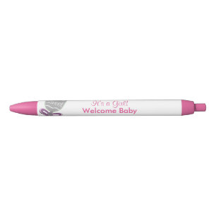 It's A Girl Baby Rattle Pink Star Bow Announcement Pen