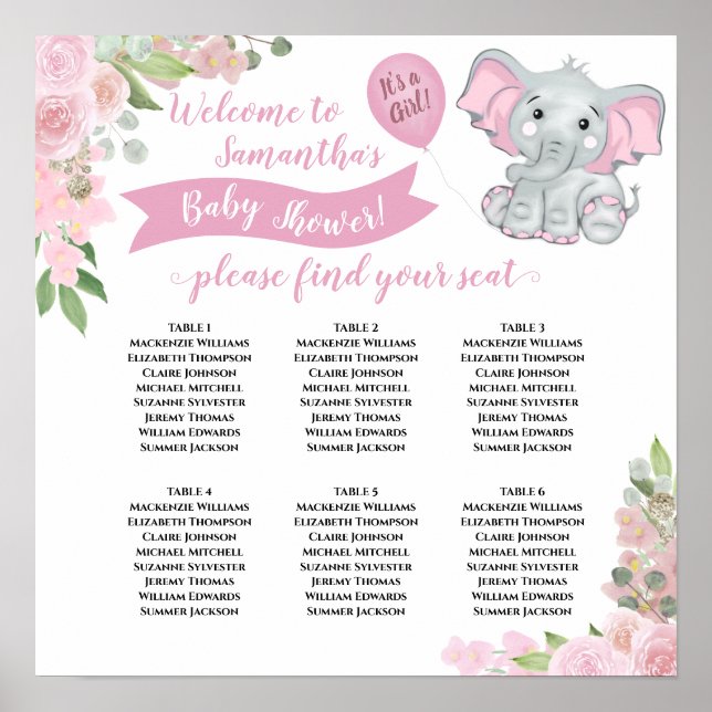 It's a Girl! Baby Shower 6 Table Seating Chart (Front)