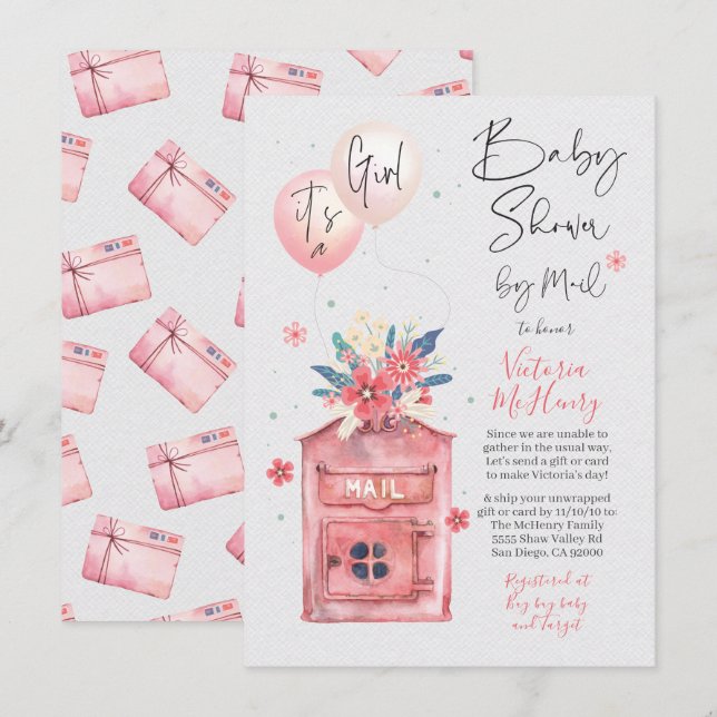 It's a Girl Baby Shower by Mail Balloons Mailbox Invitation (Front/Back)