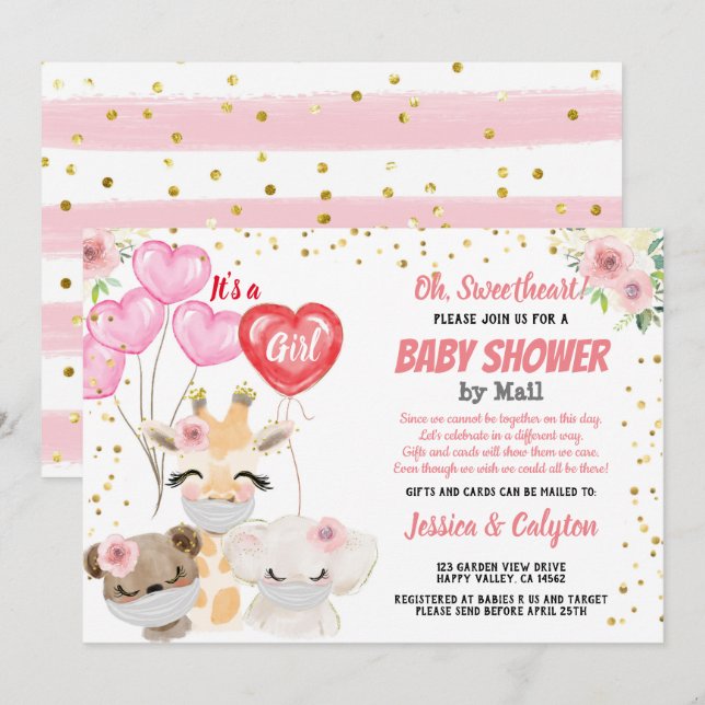 It's a Girl Baby Shower By Mail Cute Animals Masks Invitation (Front/Back)
