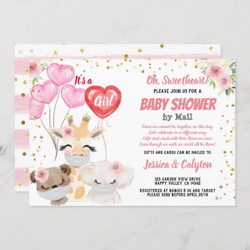 Its a Girl Baby Shower By Mail Cute Animals Masks Invitation