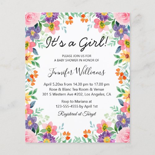 its a girl baby shower colorful floral frame card