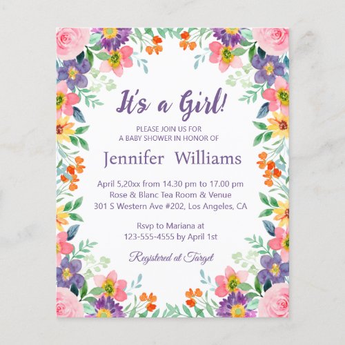 its a girl baby shower colorful floral purple card