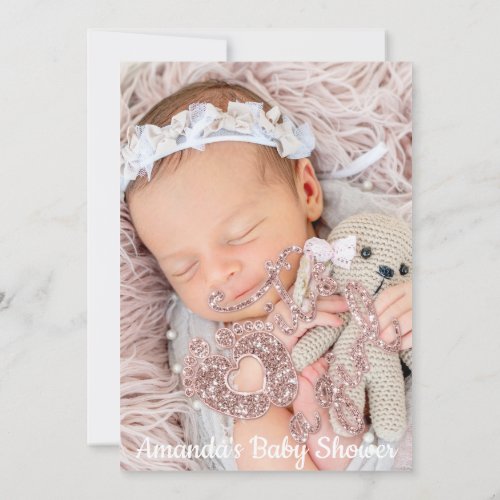 Its A Girl Baby Shower Custom Photo Glitter Rose  Invitation