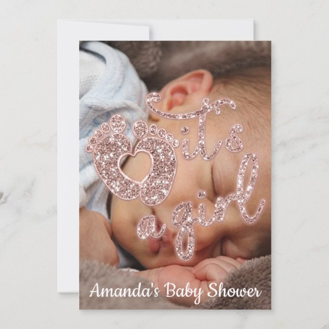 It's A Girl Baby Shower Custom Photo Rose Glitter Invitation (Back)