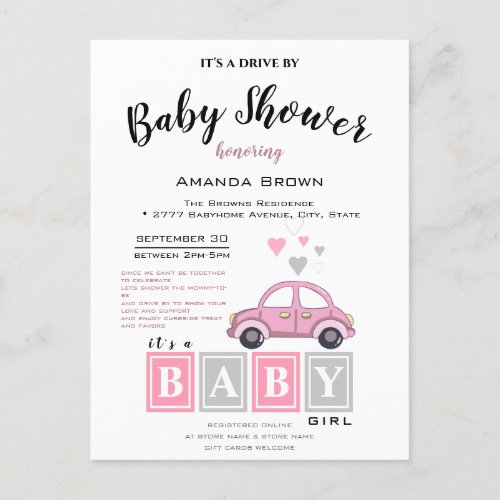 Its a Girl Baby Shower Drive By Invitation Postcard