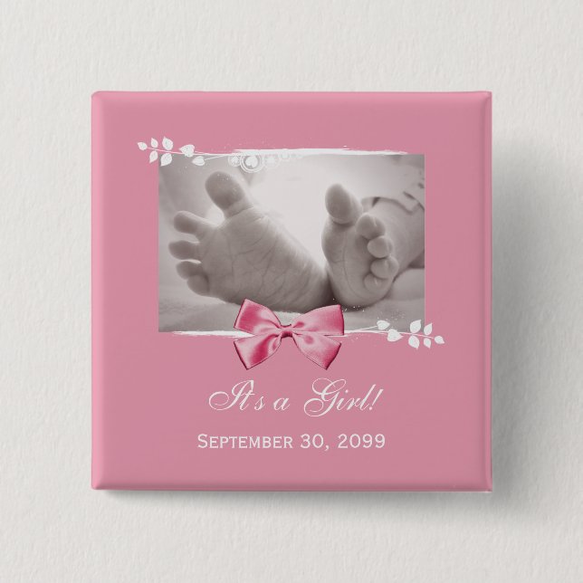 Its a Girl Baby Shower Elegant Birth Announcement Pinback Button (Front)