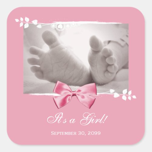 Its a Girl Baby Shower Elegant Birth Announcement Square Sticker