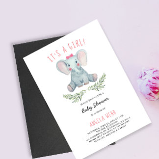 It's a Girl Baby Shower Elephant Wearing Bow Invitation