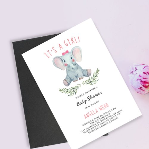 Its a Girl Baby Shower Elephant Wearing Bow Invitation