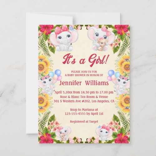 its a girlbaby shower elephants and floral pink invitation