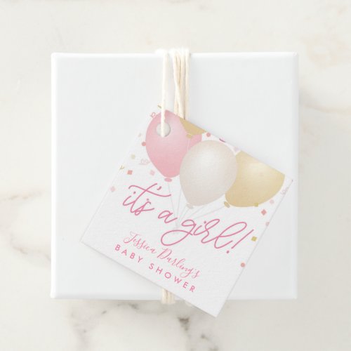 Its a girl baby shower favor tags pink balloons