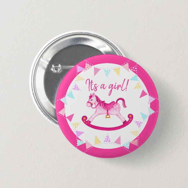 It's a girl baby shower gender reveal hobby horse button (Front & Back)