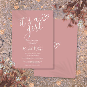 It's A Girl Baby Shower Heart Dusty Rose Pink Invitation