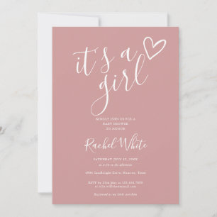 It's A Girl Baby Shower Heart Dusty Rose Pink Invitation