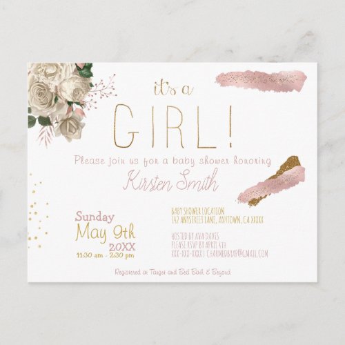Its a Girl Baby Shower Invitation Postcard